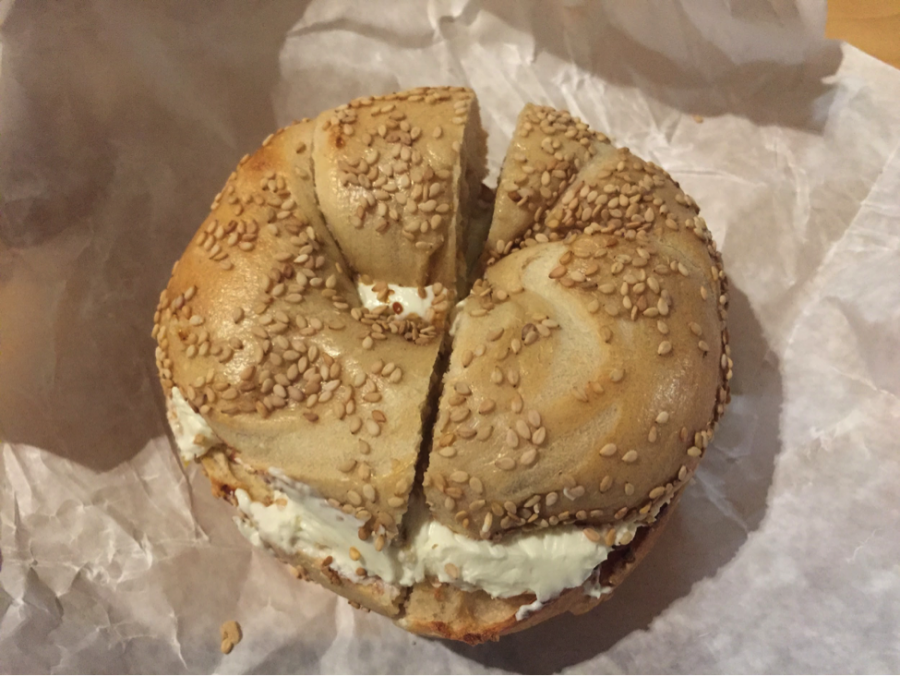 This bagel was purchased from Bagel Belly, located on Third Avenue.