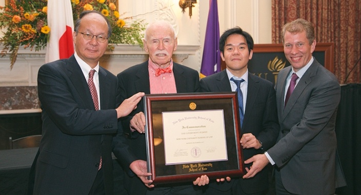 From left to right: Japanese Ambassador Reiichiro Takahashi, Jerome Cohen, Ren Ito and NYU Law Dean Trevor Morrison accepting the five million dollar donation from the Japanese government to the NYU Law U.S.-Asia Institute.   

