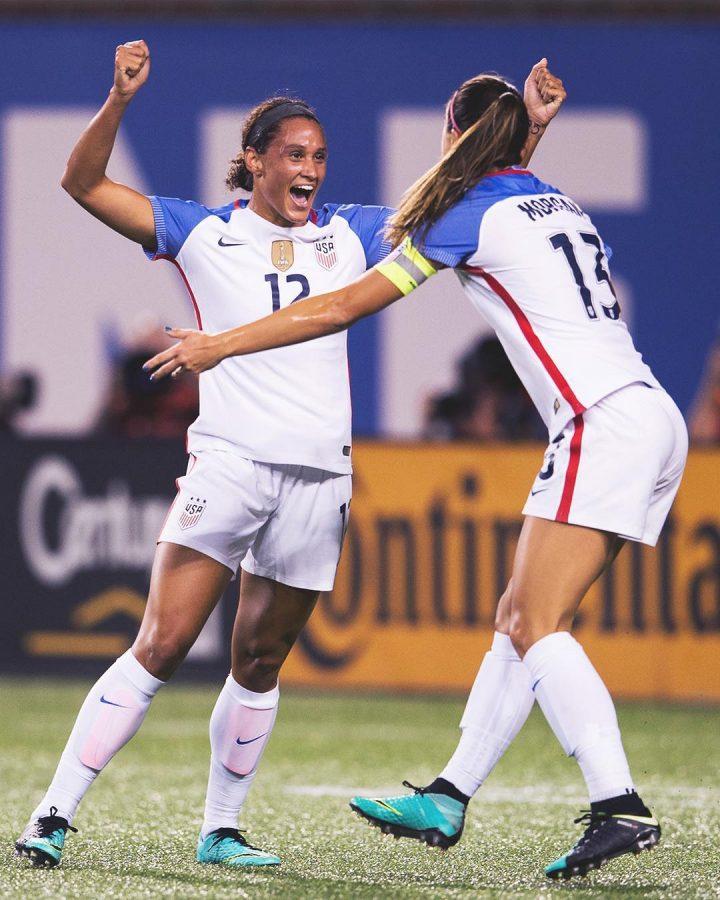 US+womens+soccer+team+players+Lynn+Williams+and+Alex+Morgan+celebrate+after+a+game+in+North+Carolina.