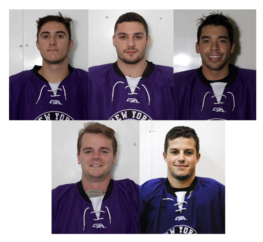 SPS senior Michael Conslato, SPS junior Mason Gallegos, SPS junior John Kowalewski, SPS senior Steven Esposito and SPS sophomore Giancarlo Pochintesta were the five starters for the game on Dec. 1 against Drexel University. Their next game will be on Friday, Dec. 8 against SUNY Stony Brook at Sky Rink at Chelsea Piers.