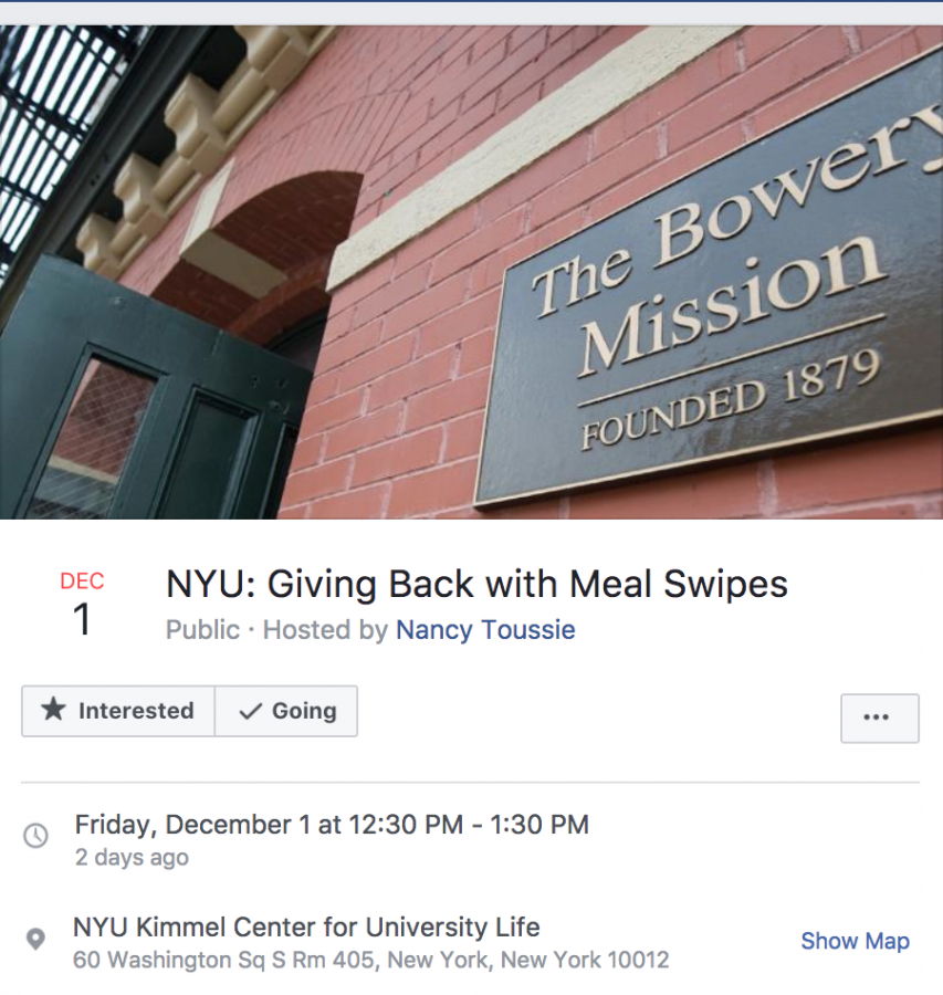 Toussie organized an event called “NYU: Giving Back with Meal Swipes,” where students used their meal swipes to purchase packaged meals and donate them to a homeless shelter. 
