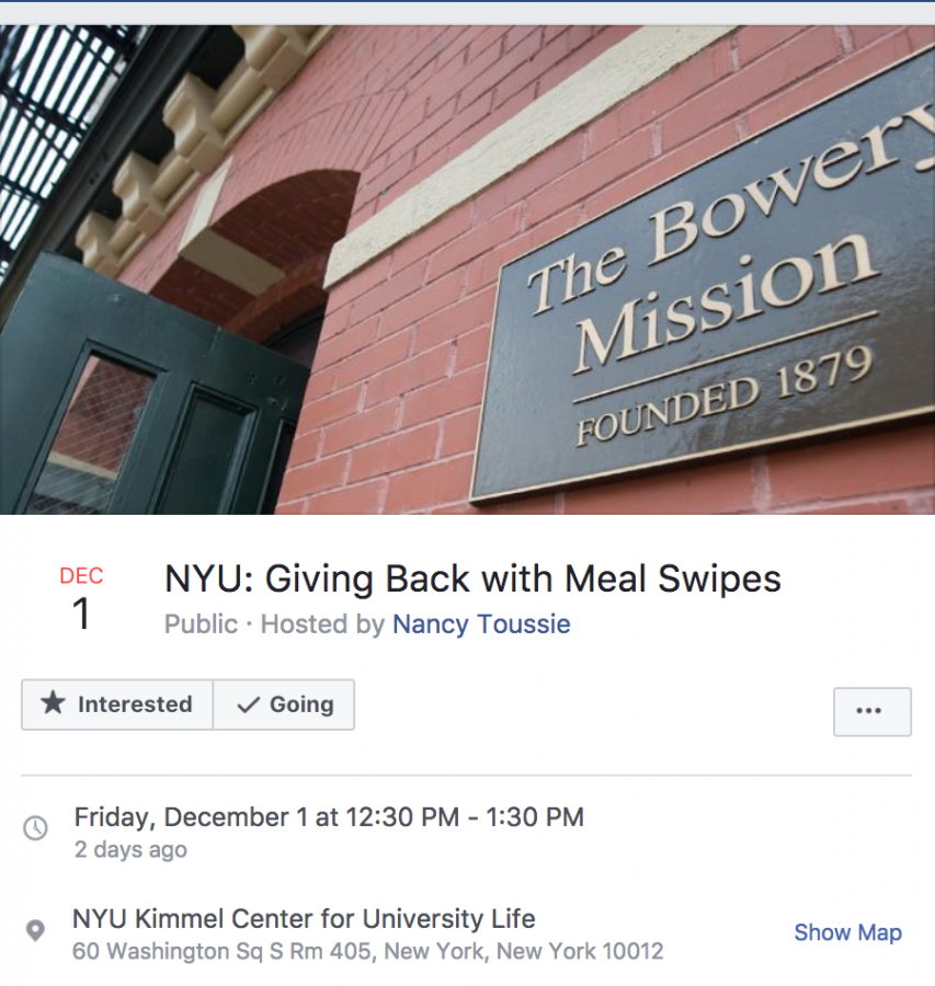 Toussie+organized+an+event+called+%E2%80%9CNYU%3A+Giving+Back+with+Meal+Swipes%2C%E2%80%9D+where+students+used+their+meal+swipes+to+purchase+packaged+meals+and+donate+them+to+a+homeless+shelter.+%0A