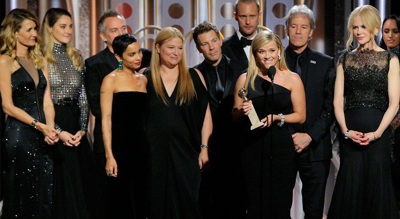 The cast of ‘Big Little Lies’ accepts the Golden Globe Award for Best Miniseries on Jan. 7, 2018. Stars wore black in support of the ‘Time’s Up’ and #MeToo movements.
