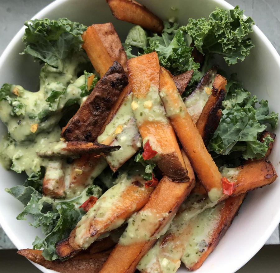 A healthy kale and sweet potato bowl.
