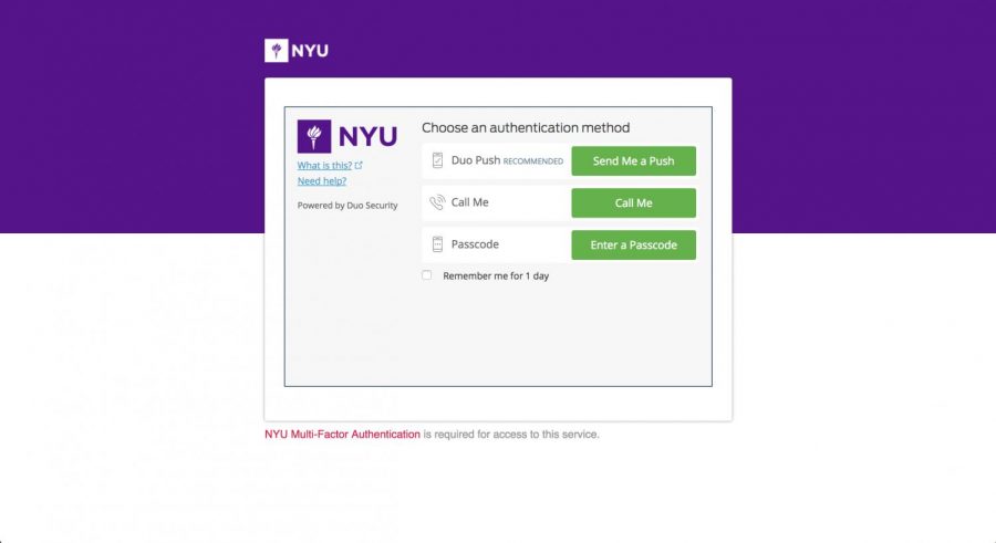 Multi-Factor Authentication requires users to select from three “authentication methods” for identity verification before accessing NYU services. 