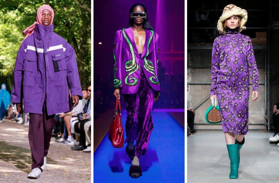 Left to right: Balenciaga, Gucci and Marni from various 2017 shows. Runways saw many brands showcasing Pantone’s color of the year, ultraviolet purple.