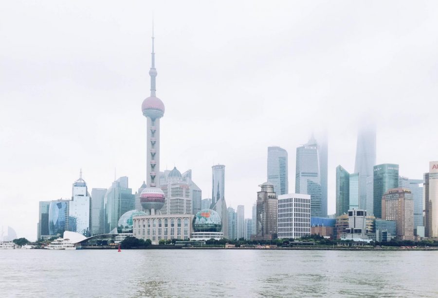 The Shanghai skyline on a foggy day. 