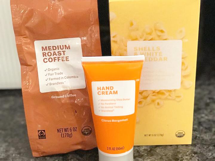 Medium roast coffee, hand cream and shells with white cheddar from Brandless. These items cost a total of $10.