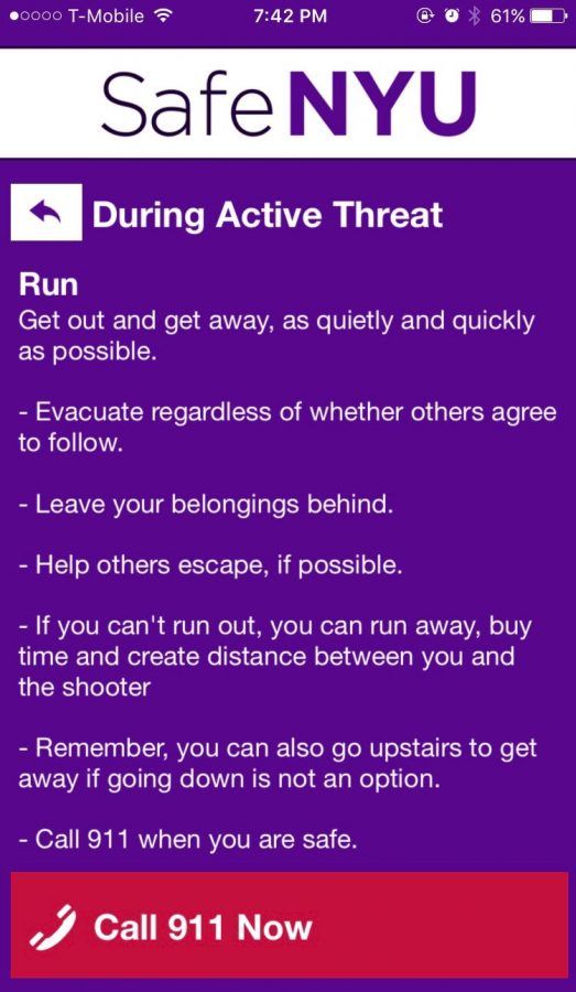 A screenshot from the Safe NYU app.  