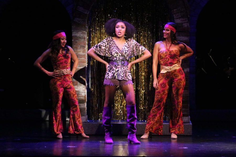  Deloris Van Cartier (Desiree Murphy) laments to her back-up dancers Michelle (Anika Braganza) and Tina (Emily Janes) about her dreams of stardom and fame in Fabulous, Baby!