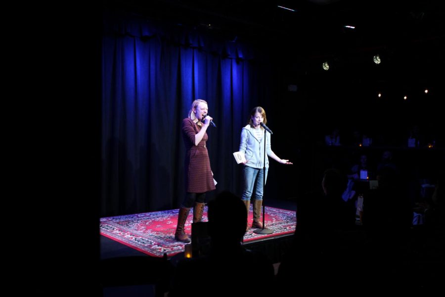 Paula Croxson (left) and Erin Barker (right) warm up the crowds before the first set of storytellers.