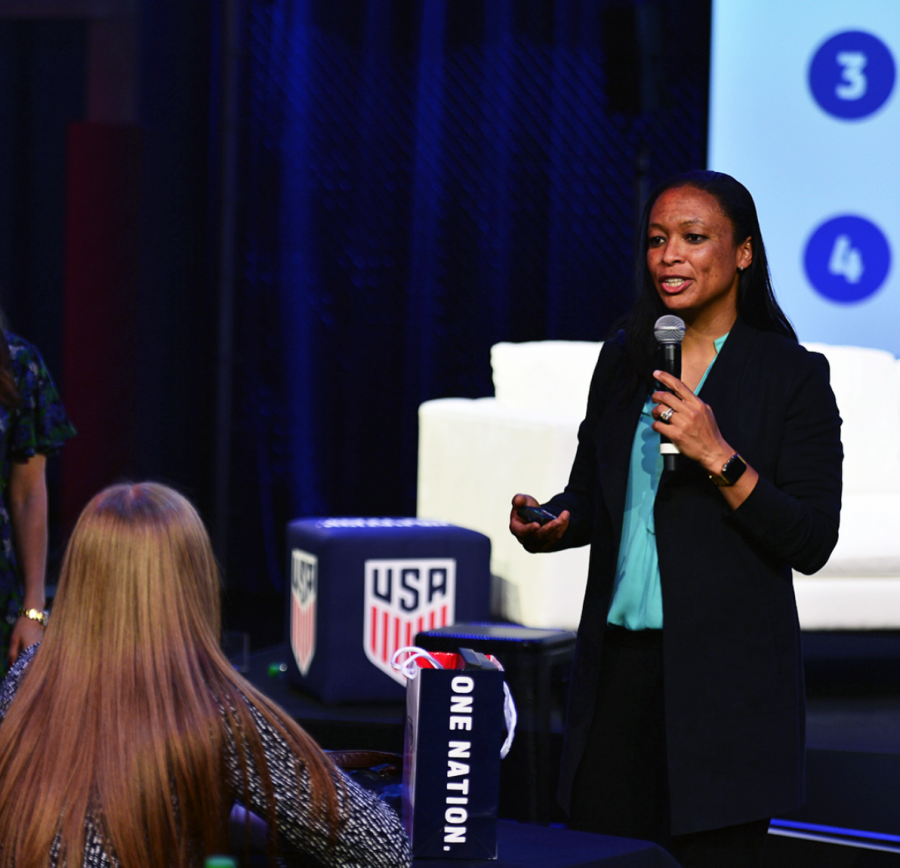 Former USWNT player Angela Hucles speaking at the SheBelieves Summit on March 3.