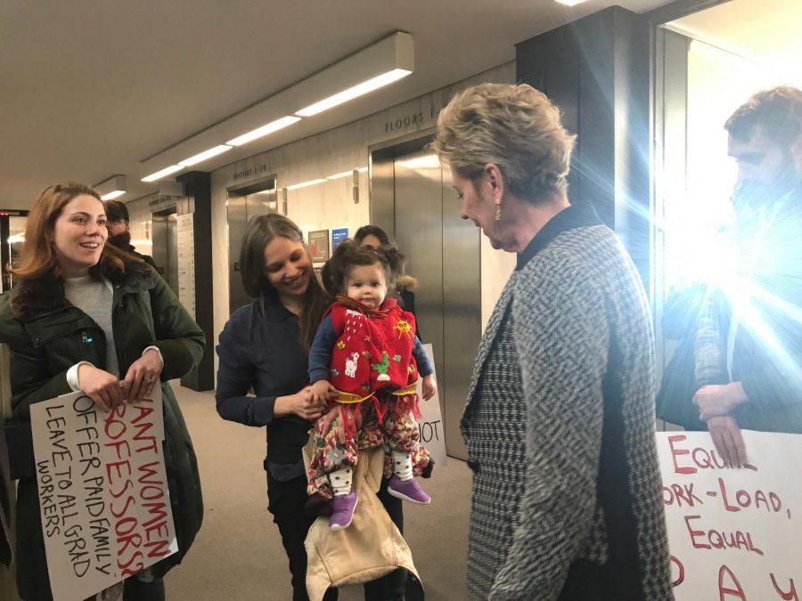 On Mar. 8, the Graduate Student Organization Committee held a rally at NYU Bobst Library. Lynne P. Brown, Senior Vice President for University Relations and Public Affairs talks to protesters on the 10th floor. 