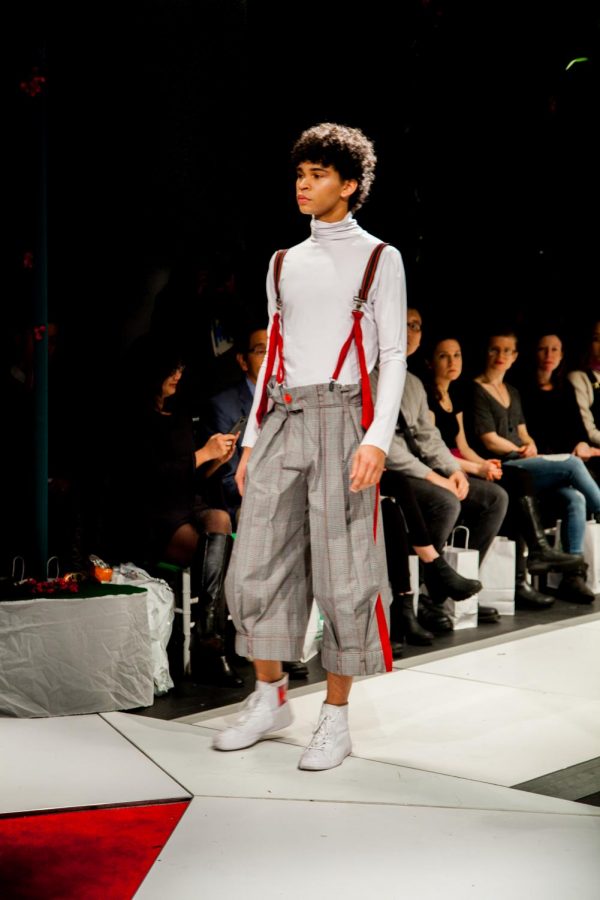 A look from Gallatin senior Ryan Andrewsen’s collection In Situ, featuring red suspenders made from old ties.