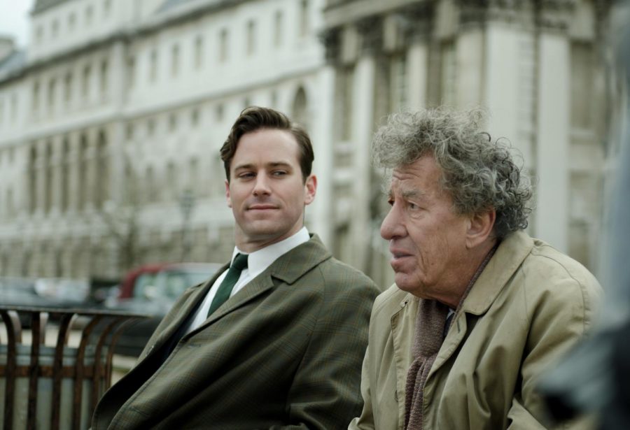 Armie Hammer as James Lord and Geoffrey Rush as Alberto Giacometti in  Final Portrait.