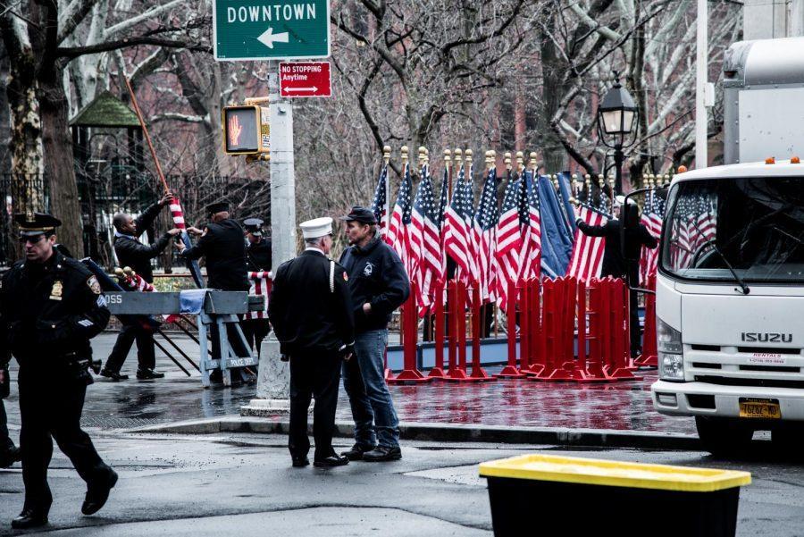 Washington Square Park  full of American Flags to honor former FDNY marshal Christopher Tripp Zanetis.