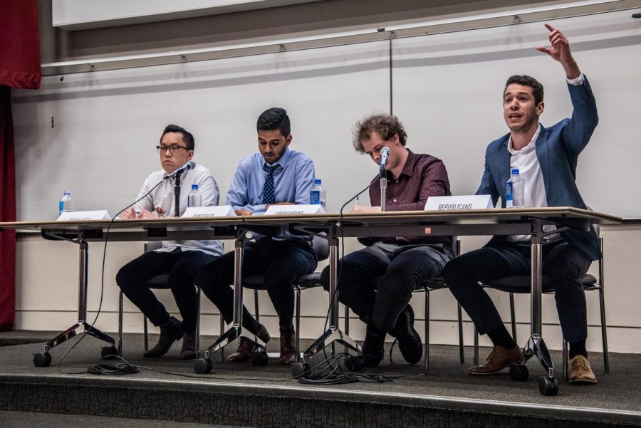 NYU DSA, College Democrats, College Libertarians and College Republicans at their semesterly interclub debate on April 18. The groups debated internet privacy and tariffs, and the back-and-forth grew more contentious as the evening progressed.