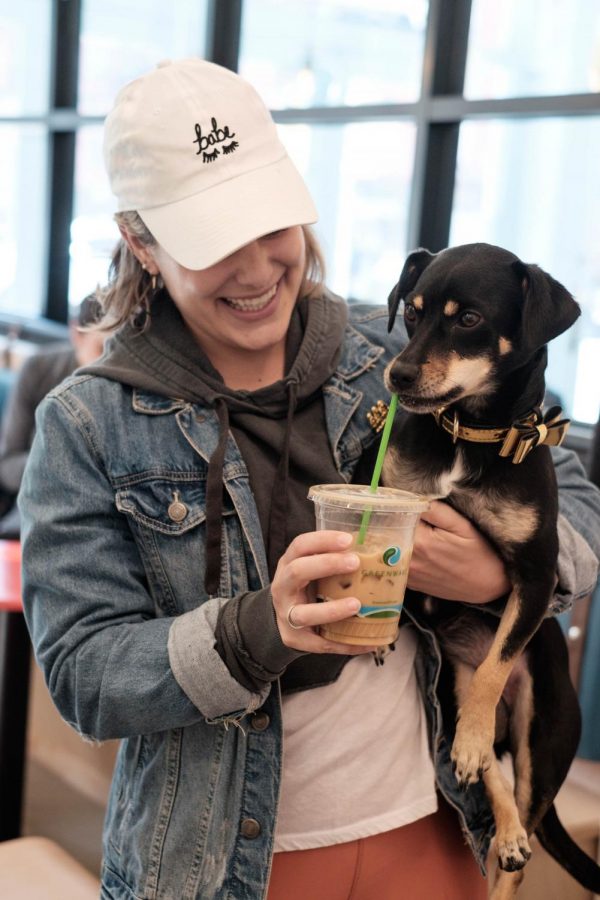 A dog and her owner pose with coffee in the dog-friendly section of Boris & Horton, where dogs and people can sit together indoors.