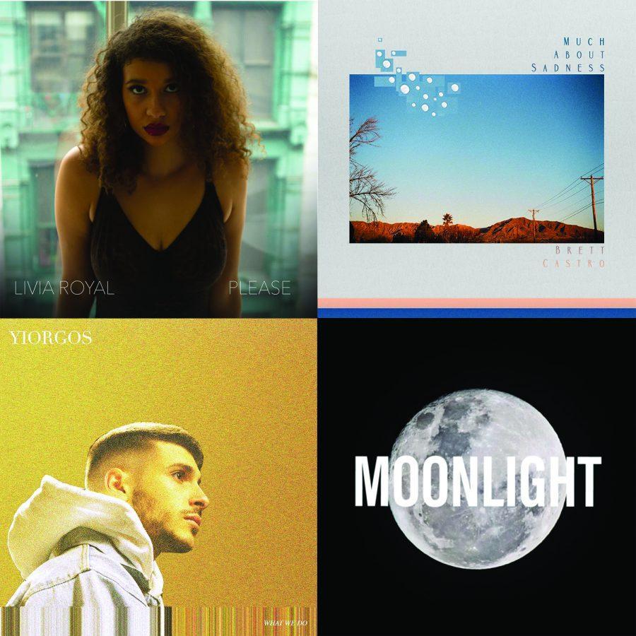 Single covers for Olivia Royal's "Please" (top left), Brett Castro’s “Much About Sadness” (top right),  YIORGOS' "What We Do" (bottom left), Anxia's "Moonlight" (bottom right).