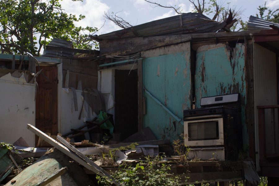 Remnants of a residential kitchen in Toa Baja, Puerto Rico, where hurricane waters flooded up to the second floor of many homes. April 2017.