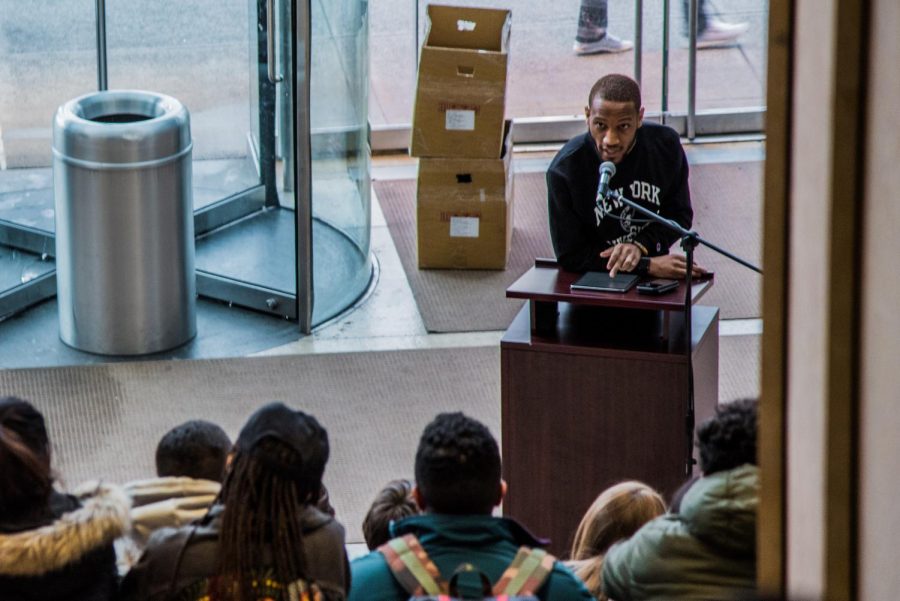Akeem Muhammad, Tisch 18, speaks at a vigil for Stephon Clark. In his speech, he discussed the importance in faith and used throwing hands as an analogy for action: Throw hands in the classroom; throw hands in the voting booth; throw hands in the cities and in the suburbs; throw hands in the streets and in the subways.