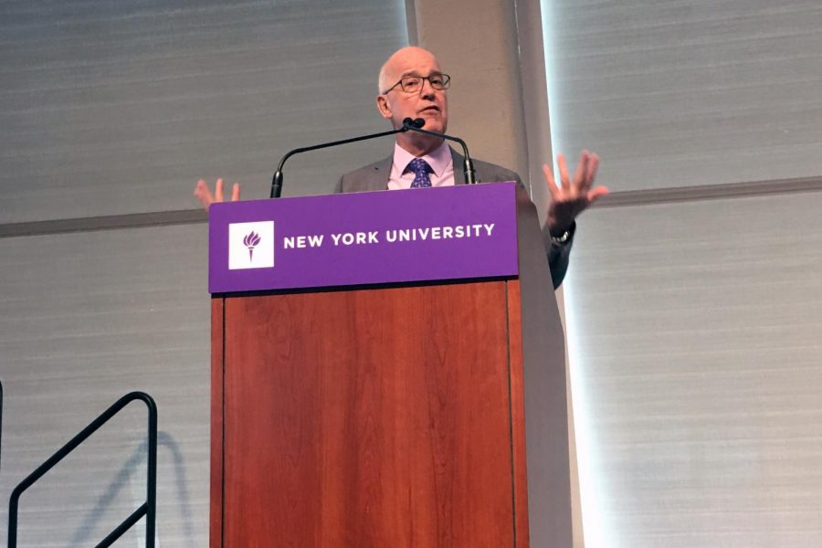 President Andy Hamilton delivered a remark before the Being@NYU results presentation on April 24 in Kimmel Rosenthal.