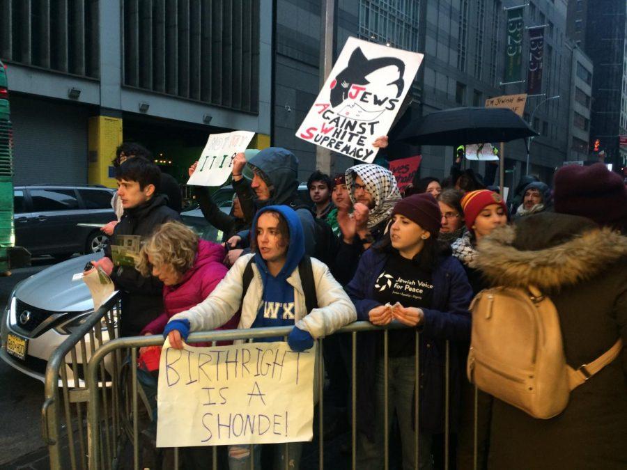 Jewish Voice for Peace demonstrators protest in front of the Ziegfeld Ballroom in April 2018. Rebecca Vilkomerson, the Excecutive Director of JVP, participated in tonights panel discussion at NYU. (Photo by Sarah Jackson)