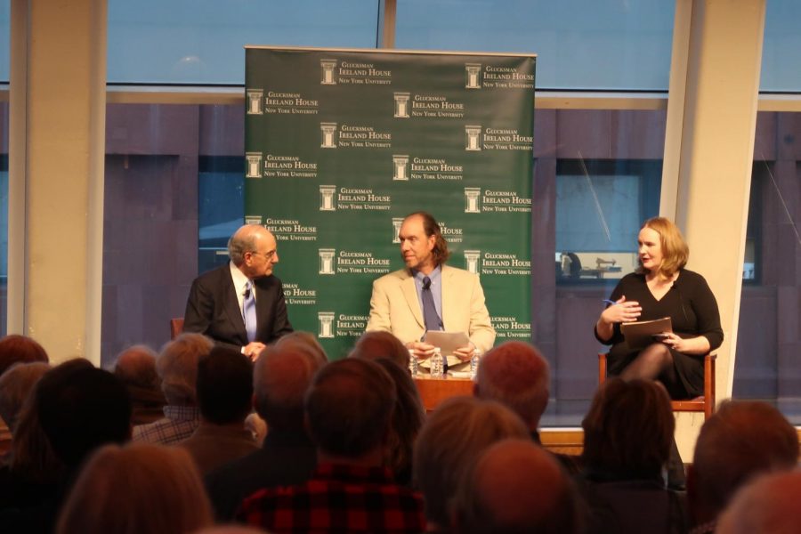 From left to right: Senator George Mitchell, Tom Hull and Miriam Nyhan Grey discuss Irish politics at NYU.
