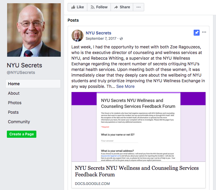 The Facebook page for NYUSecrets. The page moderator recently posted a link to a survey to give feedback on NYU Wellness and Counseling due to the high number of Secrets posts critiquing these services.
