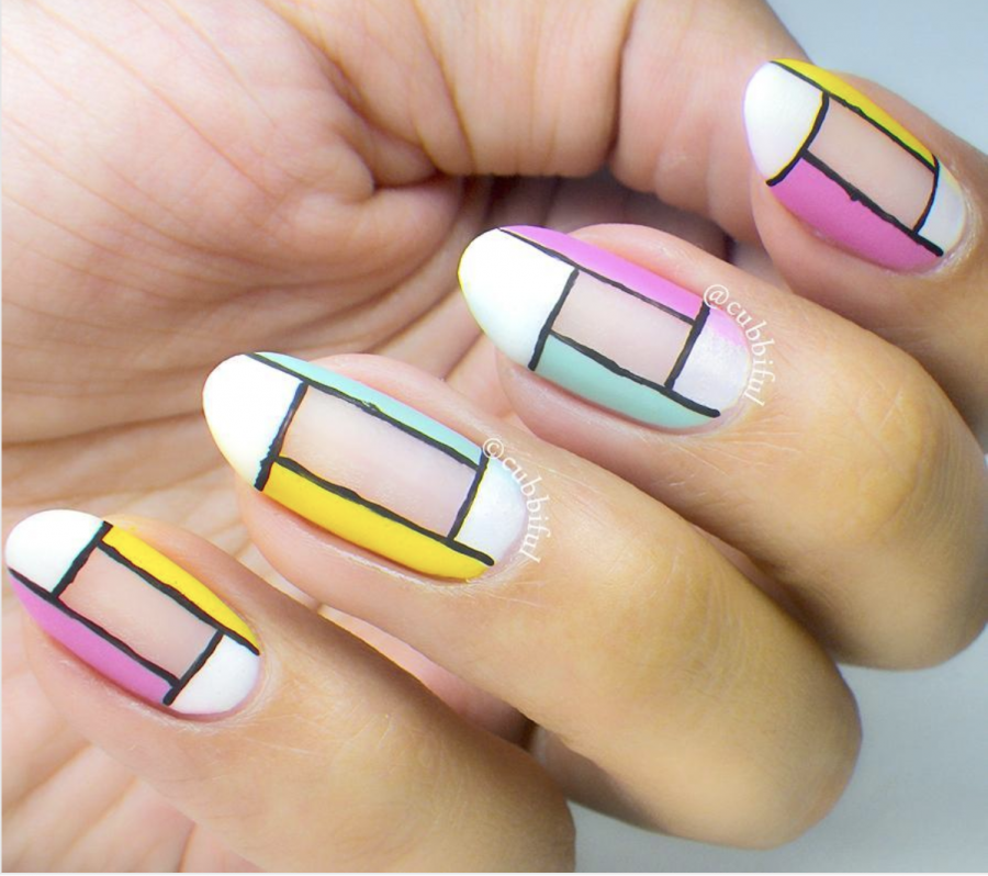 Color block nails from cubbiful, showcasing a current nail art trend.