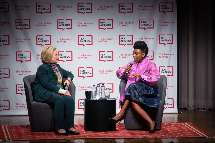 Hillary Clinton speaking with Chimamanda Ngozi Adichie at PEN World Voices Festival.