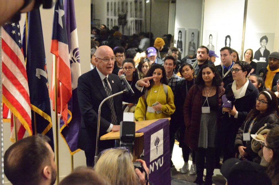 NYU+President+Hamilton+speaking+at+the+welcome+reception+for+the+students+from+Puerto+Rico+on+January+25th%2C+2018.+A+number+of+these+students+are+now+asking+Hamilton+to+extend+the+program.