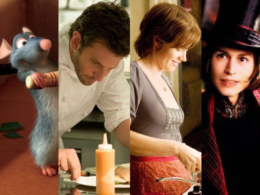 Left to right: Scenes from the movies “Ratatouille”, “Burnt,” “Julie and Julia” and “Charlie and the Chocolate Factory.”