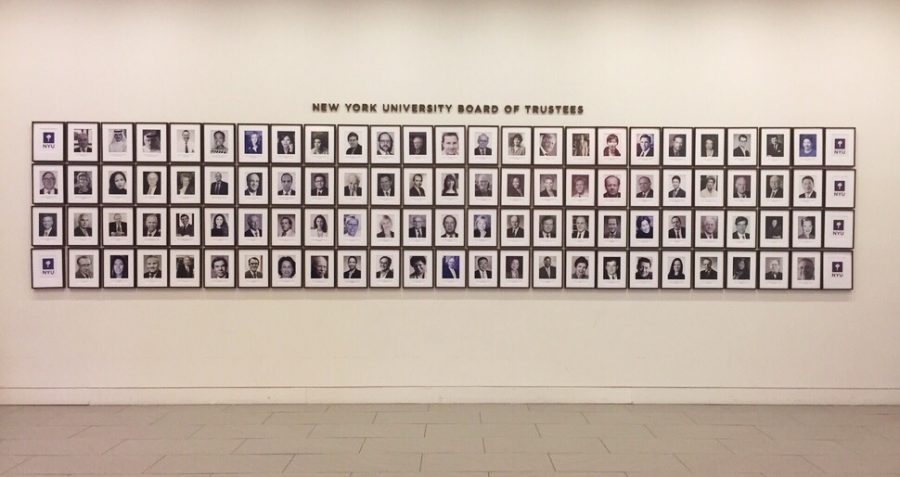 Portraits of NYUs Board of Trustees on display on the fourth floor of the Global Center for Academic and Spiritual Life.