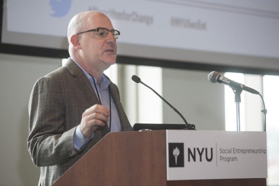 Gabriel Brodbar, the director of the NYU Social Entrepreneurship Program, speaks at the event.