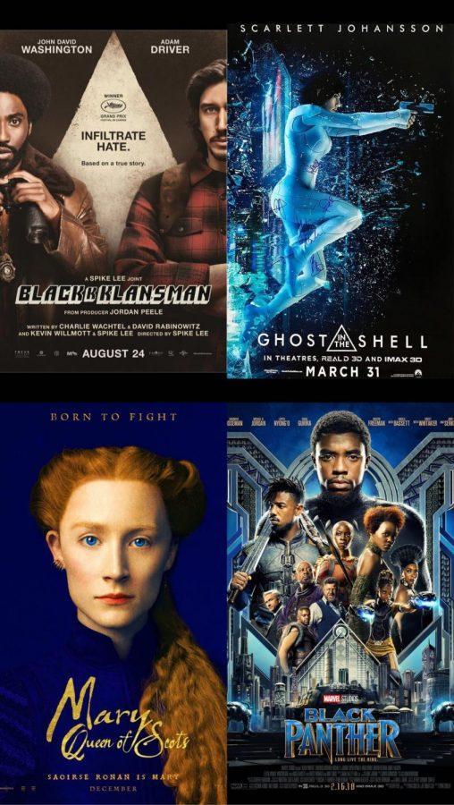 Movie posters for “The BlacKkKlansman,” “Ghost in Shell,” “Black Panther,” and “Mary Queen of Scots.”
