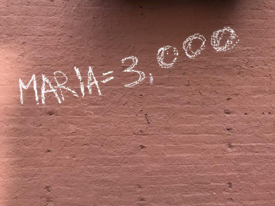 Graffiti on 13th Street refers to the death toll from Hurricane Maria. 