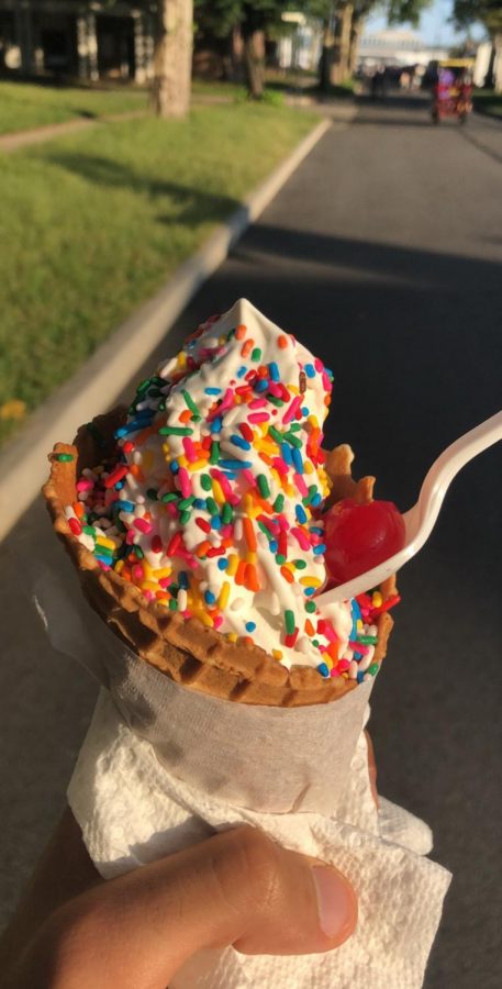 A cone of Mr. Softee ice cream.