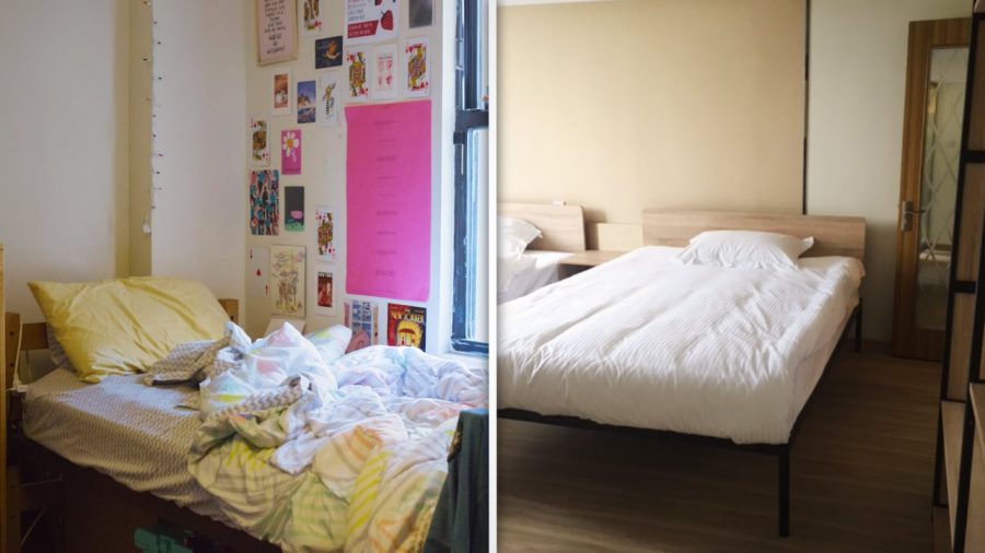 On the left is a room in Coral Tower Residence Hall in New York; on the right is a room in a residence hall of NYU Shanghai.