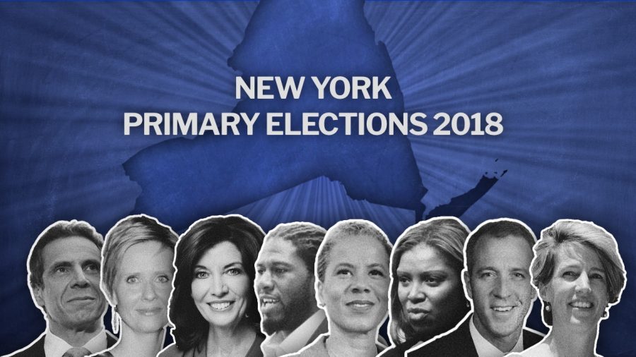 New York Primary Elections are happening tomorrow. Candidates, from left to right: Andrew Cuomo and Cynthia Nixon running for the state governor; Kathy Hochul and Jumaane Williams running for lieutenant governor; Leecia Eve, Letitia James, Sean Patrick Maloney and Zephyr Teachout running for attorney general.