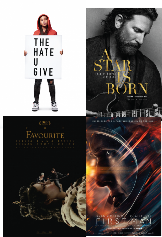 (Clockwise from the top left) Movie posters for 
 “The Hate U Give,” “A Star is Born,” “First Man,” and 
 “The Favourite.”