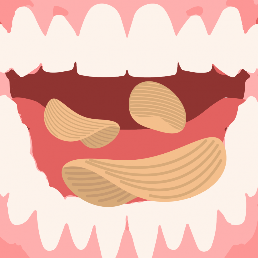 Only eat chips in class if you are a snack-expert. The crunch is hard to muffle and you will be caught almost immediately. (Illustration by Rachel Buigas-Lopez)