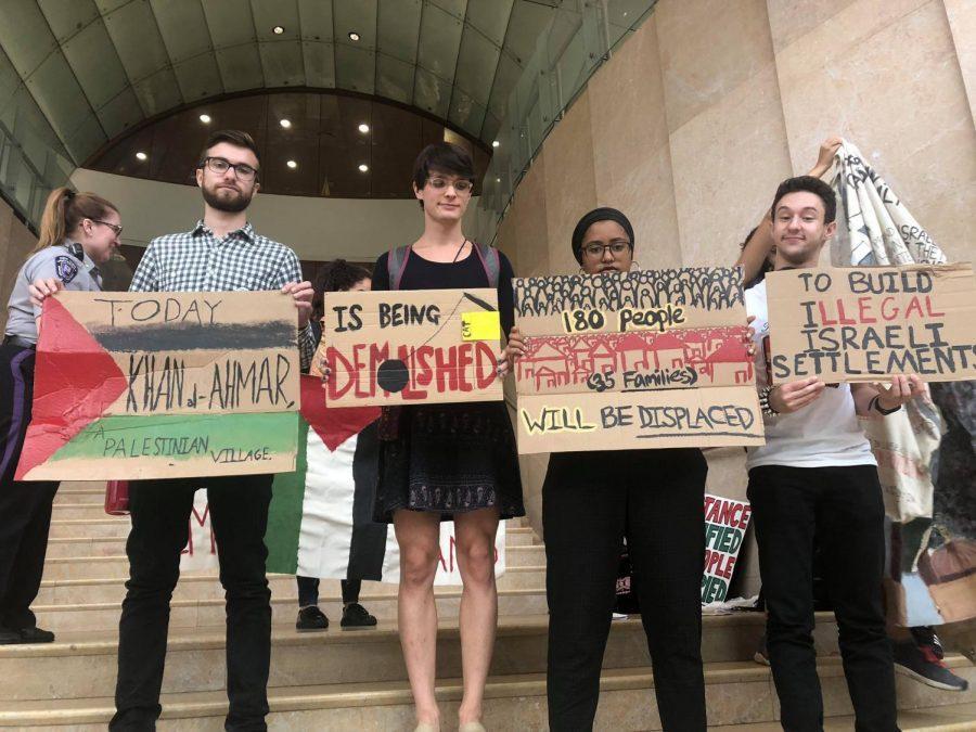 An October 2018 SJP protest over the impending demolition of a village in the West Bank on the Kimmel steps.