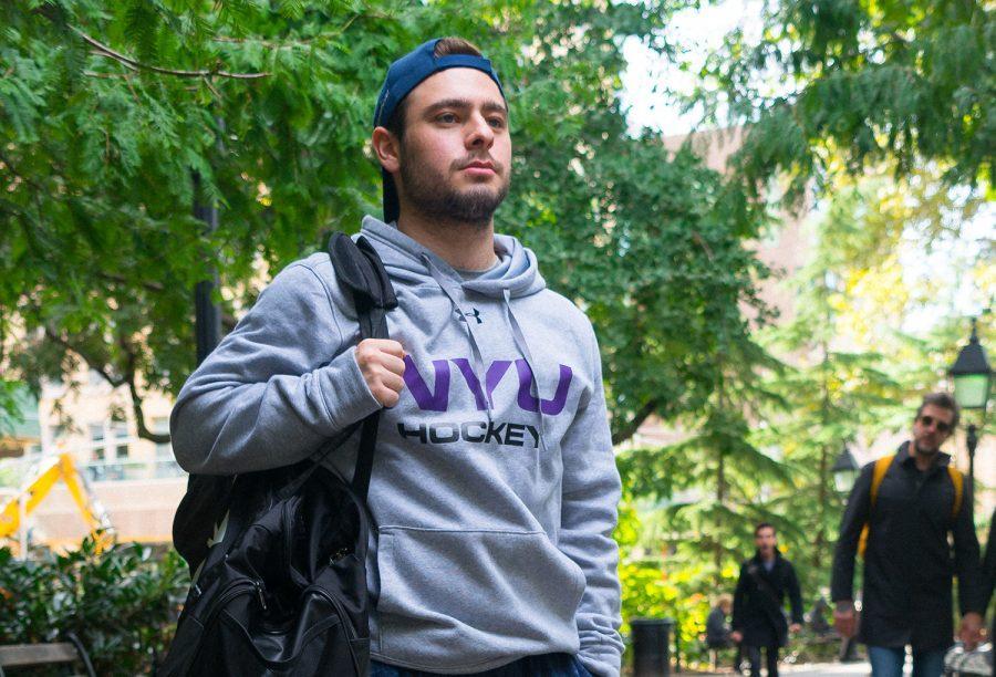 Sophomore Jake Drucker plays hockey for NYU, but his path to get there included a tumor and the death of his father. (Photo by Alana Beyer)