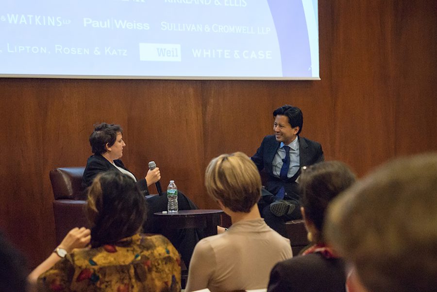 Co-founder of the Time’s Up Legal Defense Fund, Roberta A. Kaplan, in discussion with NYU Law’s Professor Kenji Yoshino. (Photo by Alana Beyer)