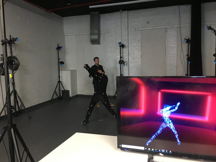 A demonstration of the use of Virtual and Augmented Reality technology in motion capturing. (Photo by Victor Porcelli)