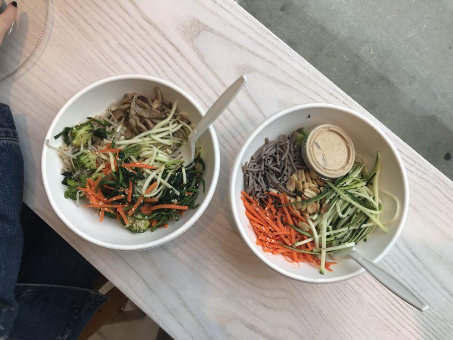 The quinoa bibambap and the chilled soba noodle bowl, two menu items at Bonberi Bodega on Bleecker Street. (Photo by Julia McNeill)