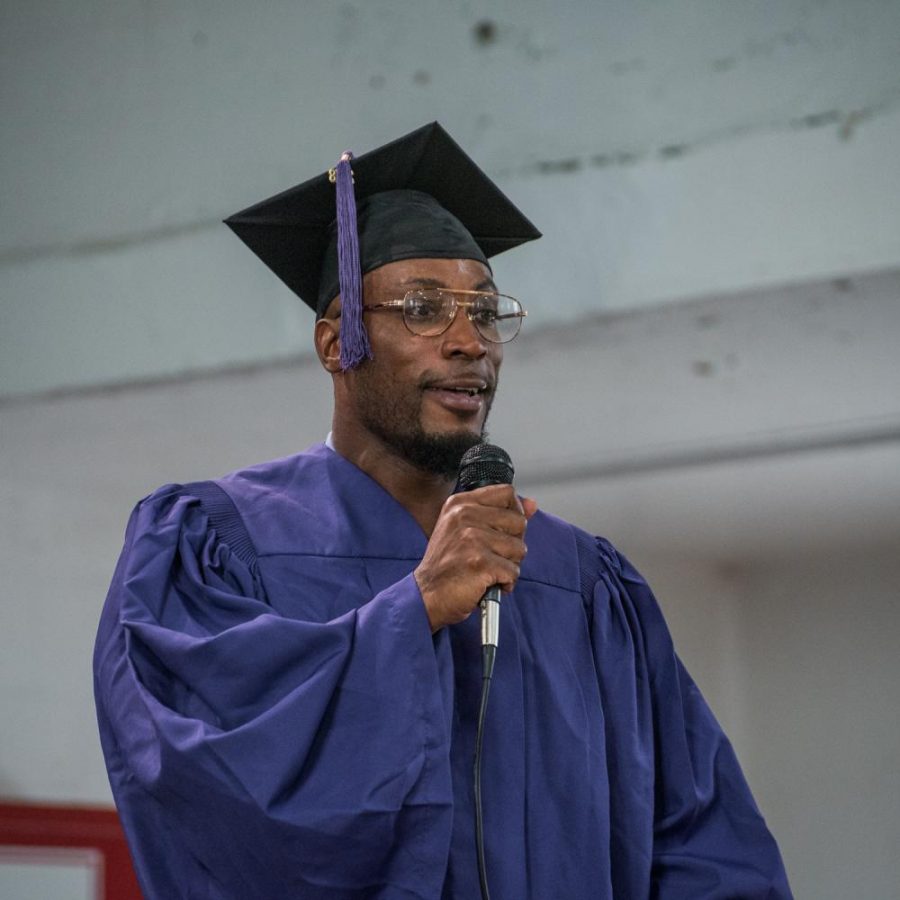 Jermaine Haywood speaks at his graduation. (Photo by Sam Klein)