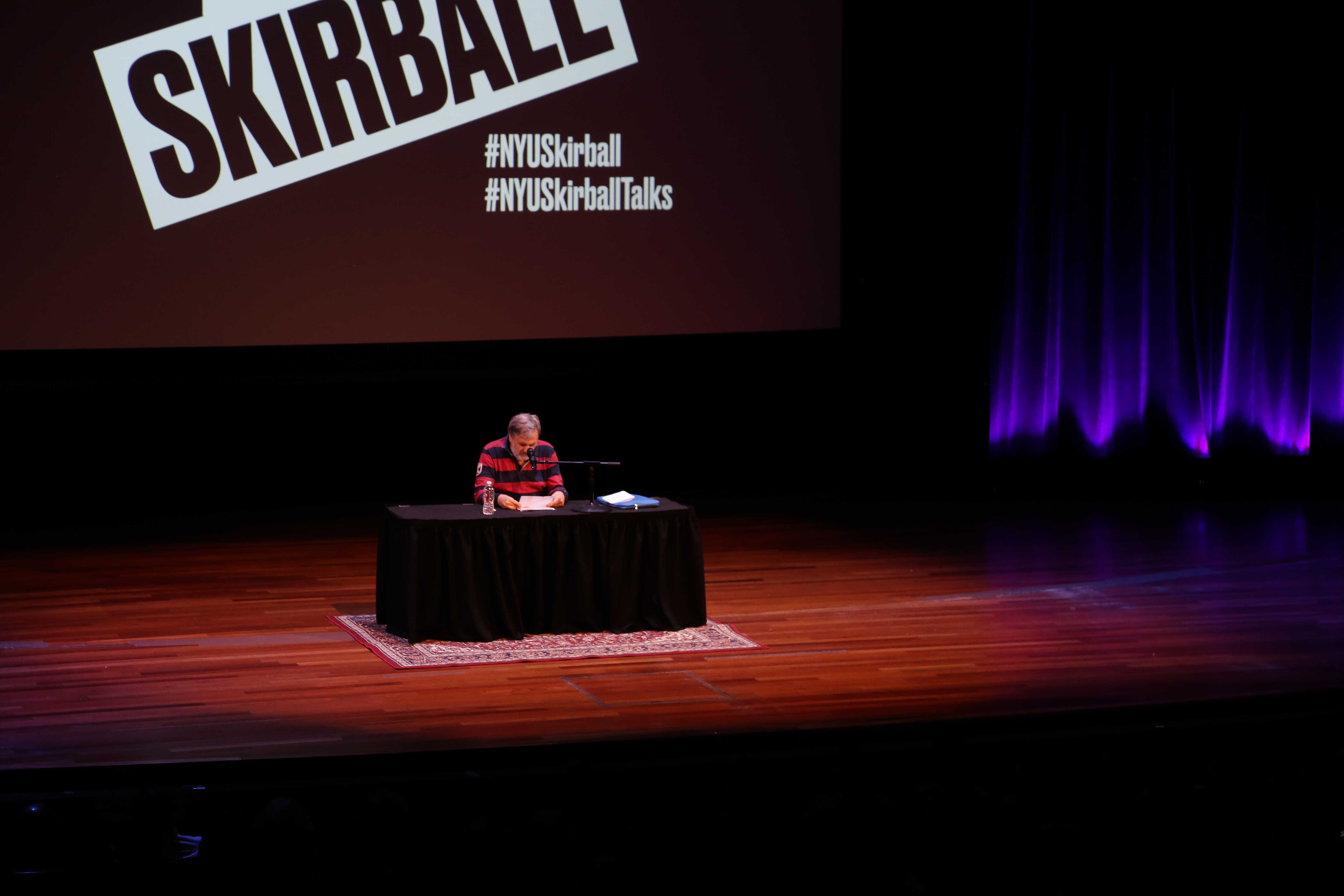NYU Skirball Center Auditorium during the talk, with Slavoj Žižek on stage. (Photo by Julia McNeill)