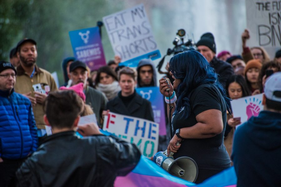 Protesters gathered in Washington Square Park on Sunday in response to the Trump administration’s attempt to restrict transgender people from serving in the military. (Photo by Sam Klein)